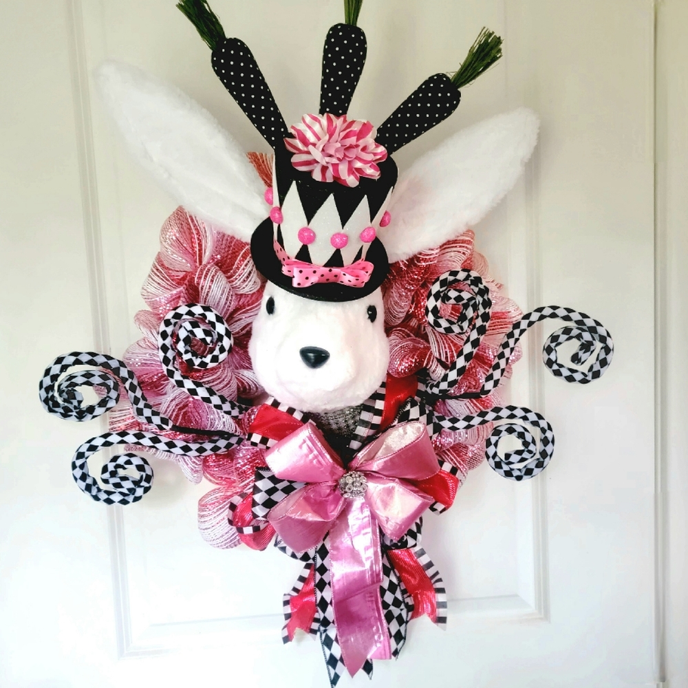 Spring Bunny Wreath Deco Mesh Bow Plush Rabbit - Picture 12 of 12